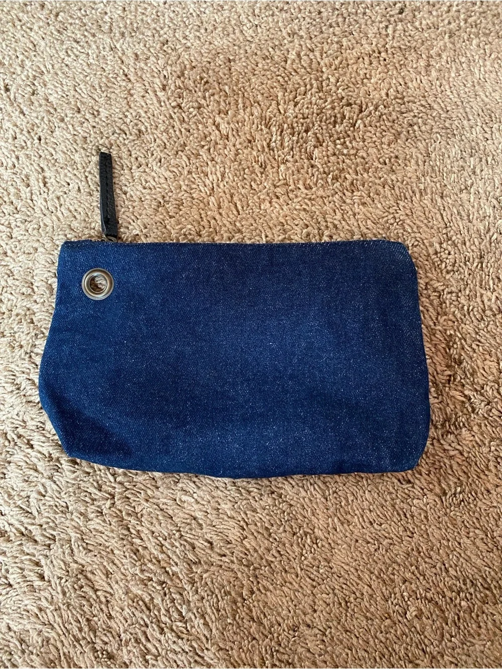 Dark Denim Jean Make Up Travel Bag Pouch Brown Leather Trim